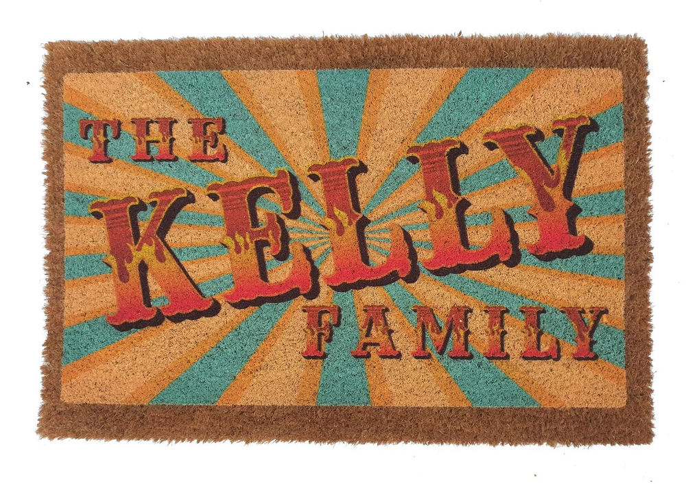 "Personalised 'The Kelly Family' Coir Doormat with Retro Sunburst Design