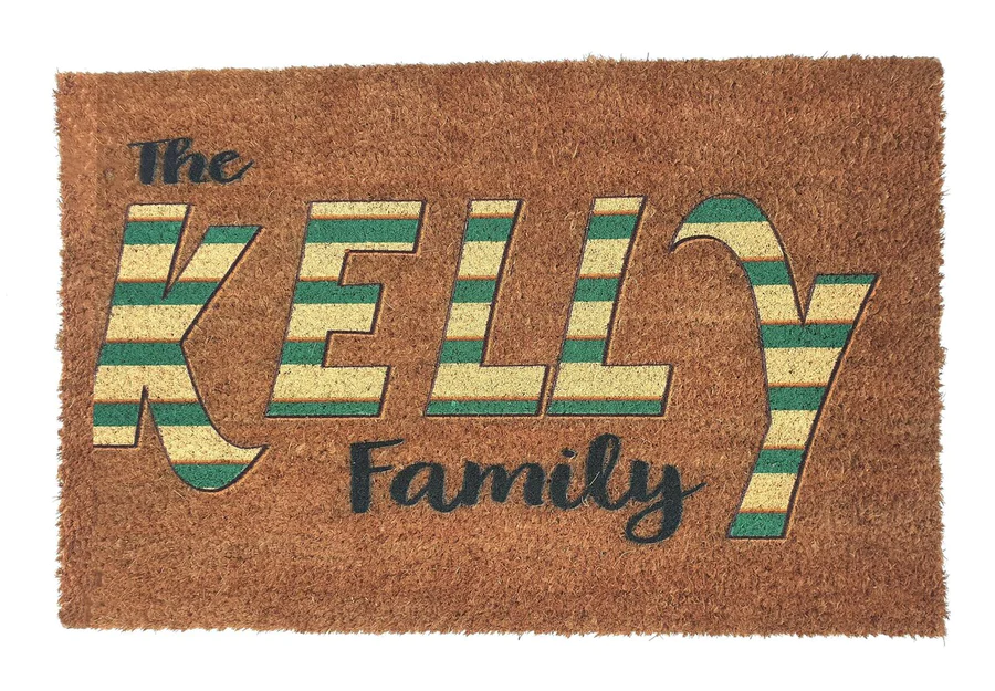 "Personalised 'The Kelly Family' Coir Doormat with Green Striped Lettering