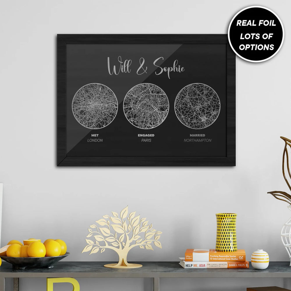 Any Two OR Three Locations / Memorable places, a Metallic Foiled Map Print, Custom Multi Location Foil Gift Wall Art  Personalised Print