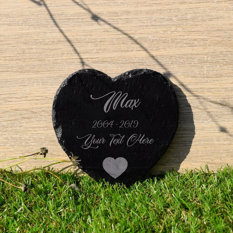 Personalised Engraved Rustic Slate Stone Heart Shaped Pet Memorial Grave Marker Plaque