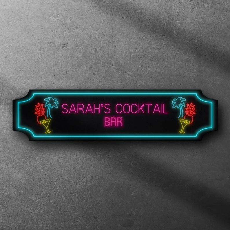 Personalised Neon Cocktail Nightclub Style Bar Sign 80S Retro METAL Home Pub Shed ManCave Plaque Eighties. Style B