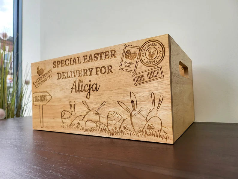 Personalised Engraved Wooden Easter Egg Gift Crate, Basket Alternative Hamper Crate