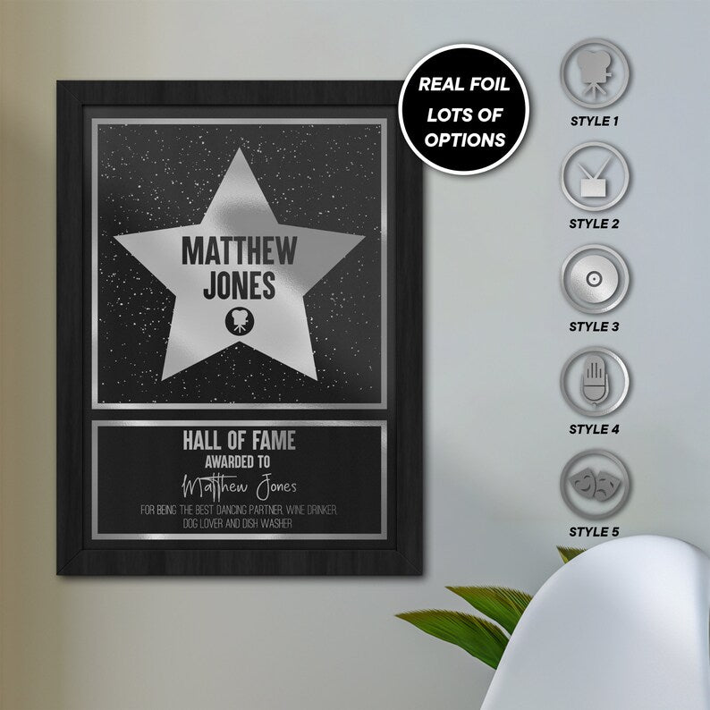 Metallic Star, Hall of Fame print, Personalised in genuine foil, Achievement and recognition Wall Print, Gold Foiled Celebrity Wall Art Gift