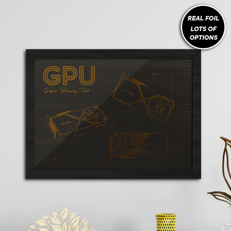 Genuine Gold Foiled wall art, GPU RTX 4090 graphics card technical print, gamers gift. Gaming wall art print.