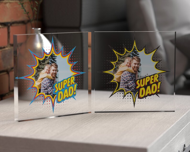 Personalised Super Dad Acrylic Photo Block - Custom Father's Gift, Clear Glass Print, UK Made, Unique Present for Dad, Father's Day Birthday