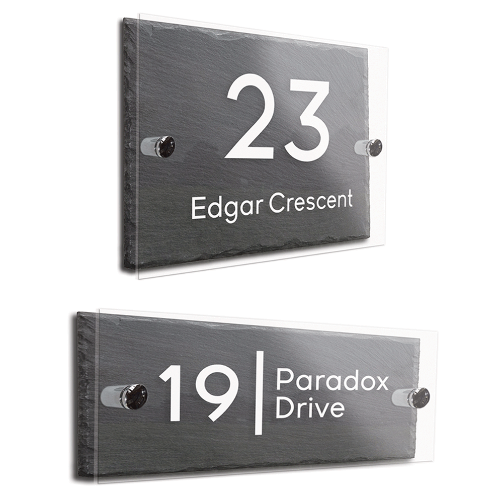 Natural Rustic Slate and Glass Effect Acrylic House Gate Sign Plaque Door Number Personalised Name Plate