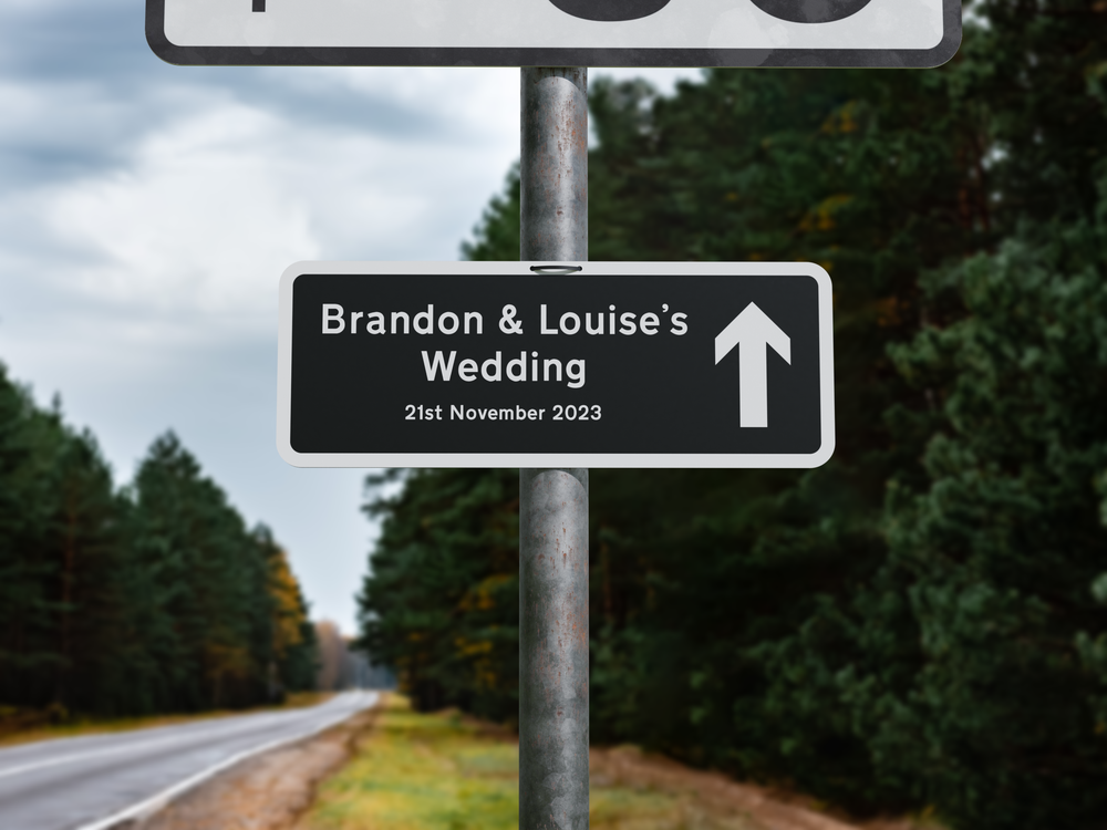 Personalised Rectangle Metal Wedding Sign – Direction Road Arrow Sign Black