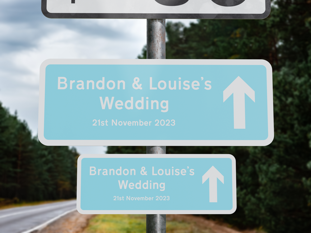 Personalised Rectangle Metal Wedding Sign – Direction Road Arrow Sign Blue