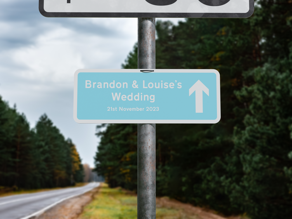 Personalised Rectangle Metal Wedding Sign – Direction Road Arrow Sign Blue