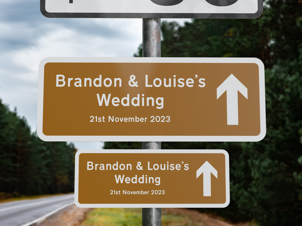 Personalised Rectangle Metal Wedding Sign – Direction Road Arrow Sign Brown