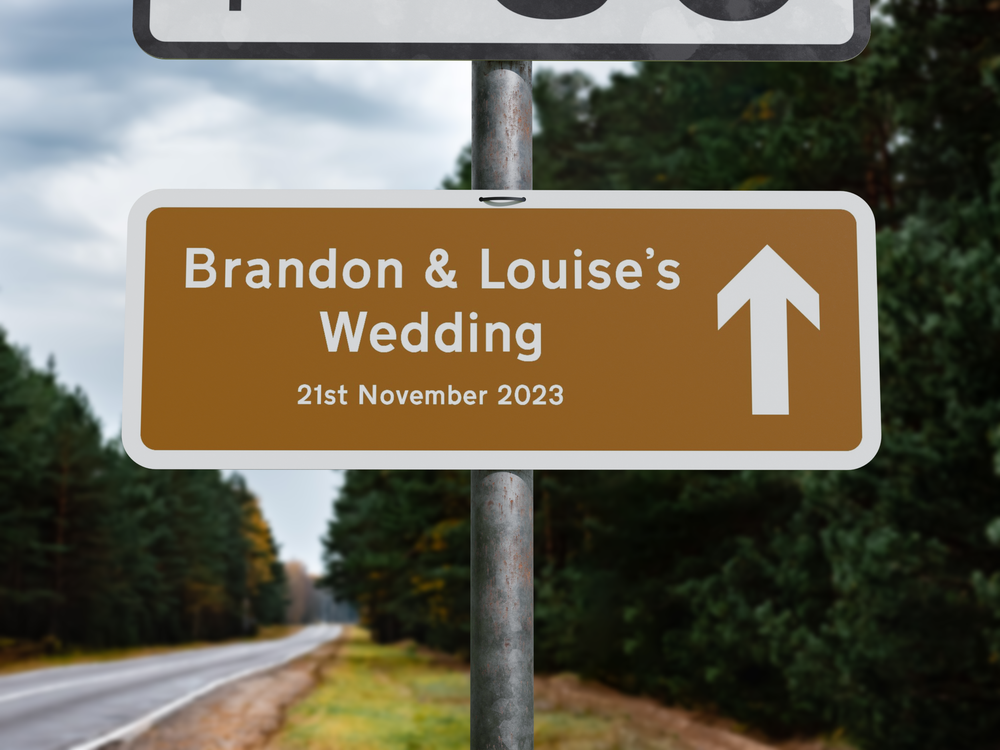 Personalised Rectangle Metal Wedding Sign – Direction Road Arrow Sign Brown