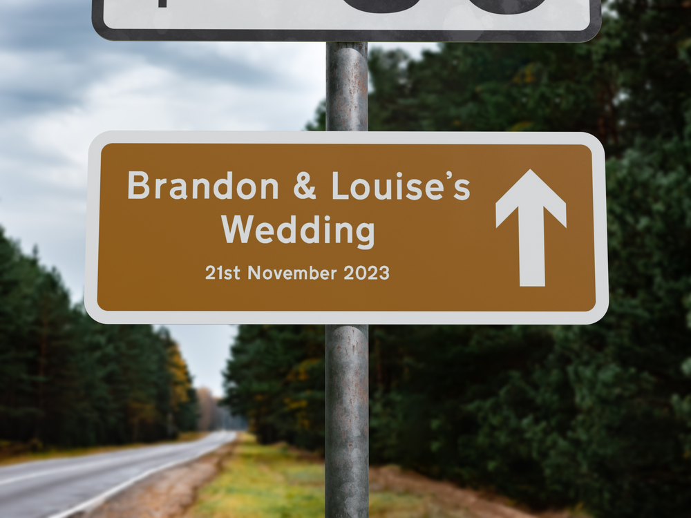 Personalised Rectangle Metal Wedding Sign – Direction Road Arrow Sign Brown