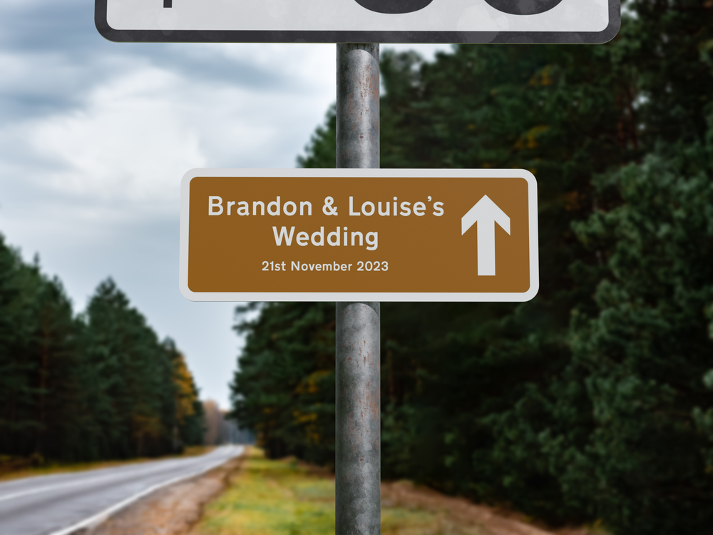 Personalised Rectangle Metal Wedding Sign – Direction Road Arrow Sign Brown