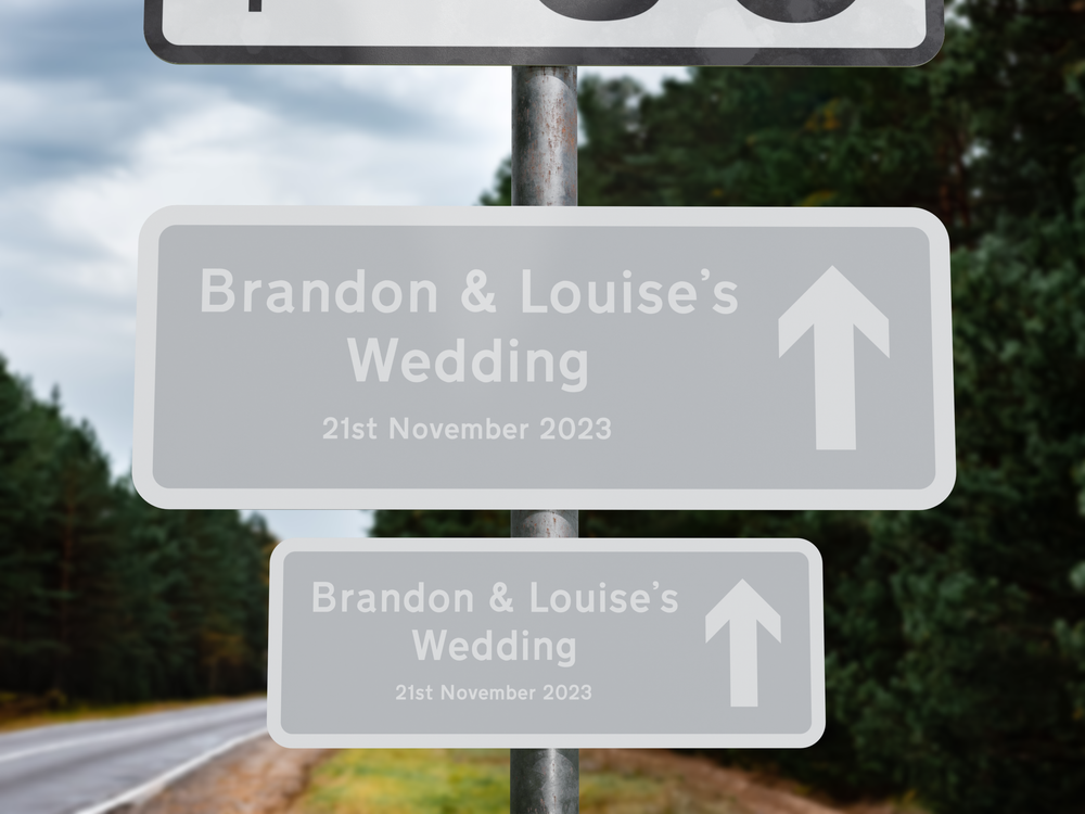 Personalised Rectangle Metal Wedding Sign – Direction Road Arrow Sign Grey