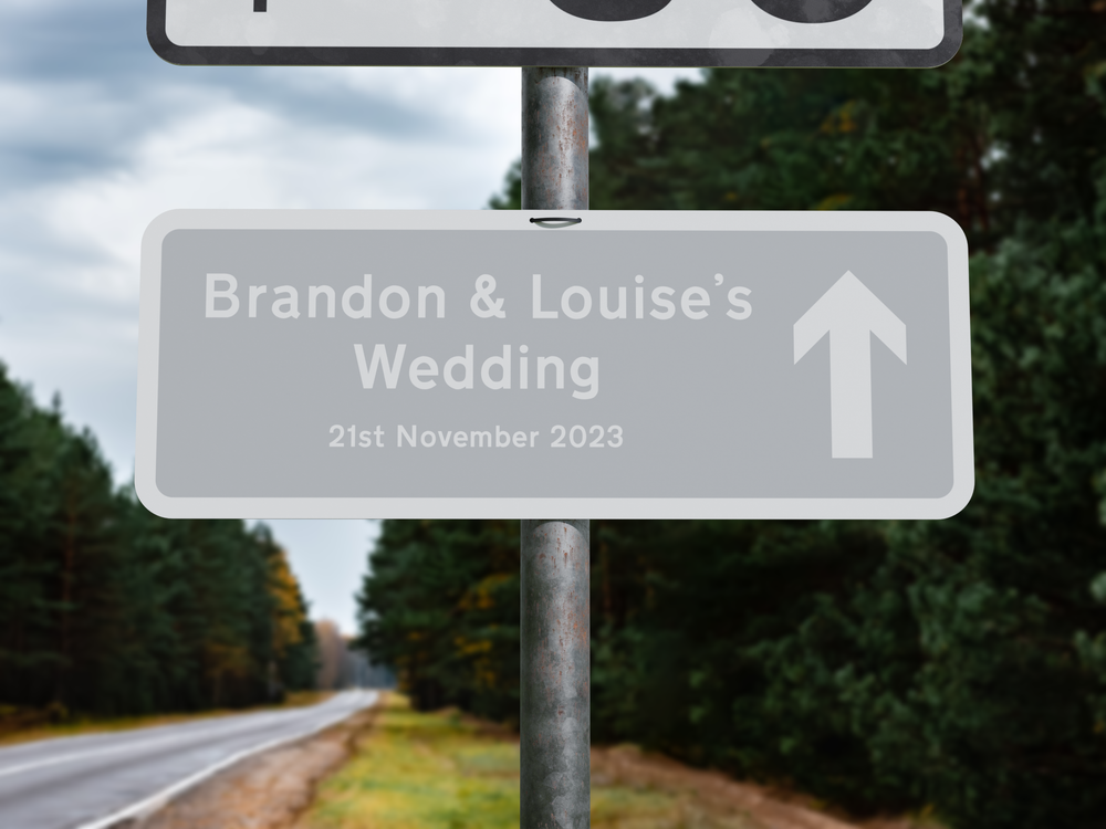 Personalised Rectangle Metal Wedding Sign – Direction Road Arrow Sign Grey