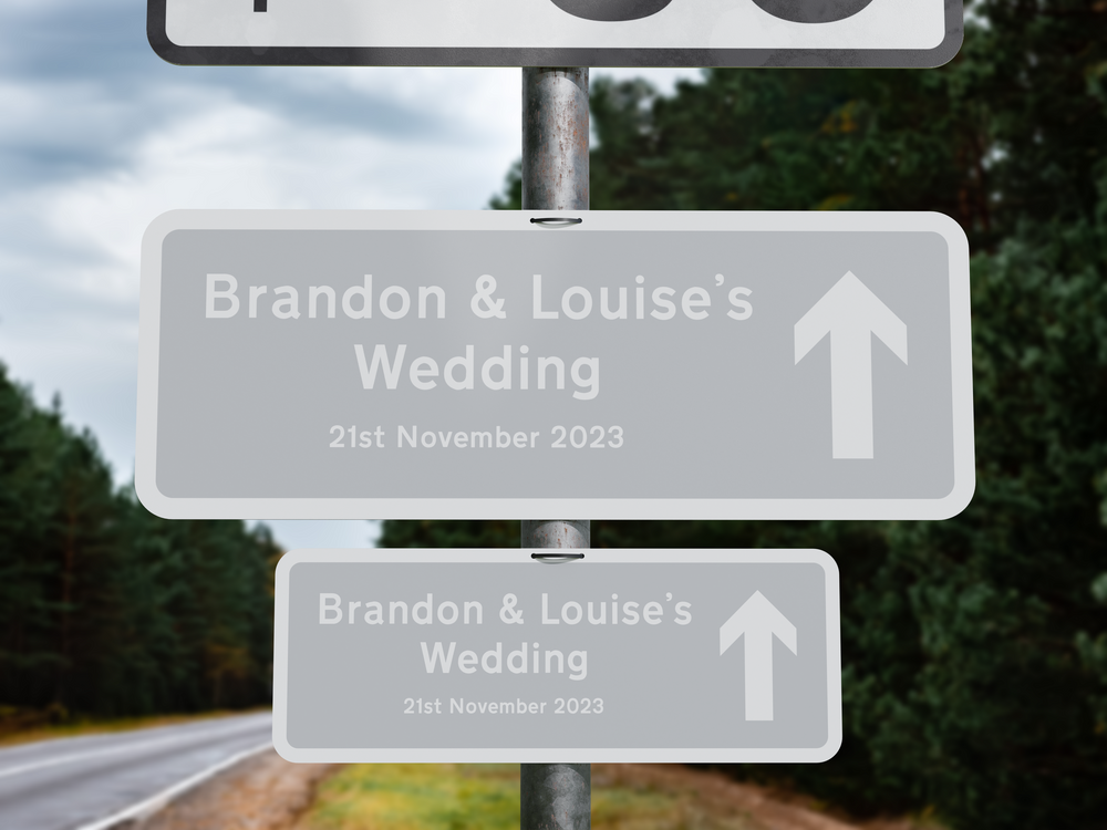 Personalised Rectangle Metal Wedding Sign – Direction Road Arrow Sign Grey