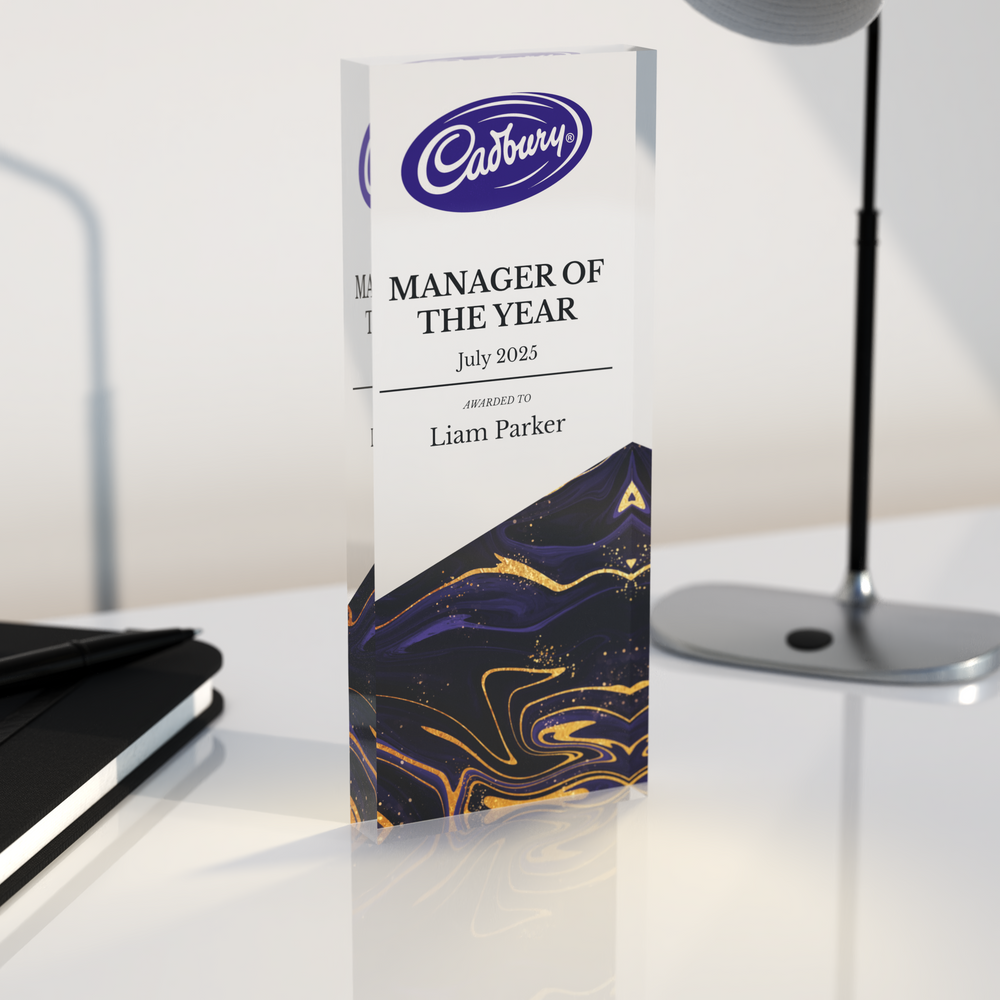Personalised Corporate Trophy – Custom Engraved Clear Acrylic Award with Marble Base