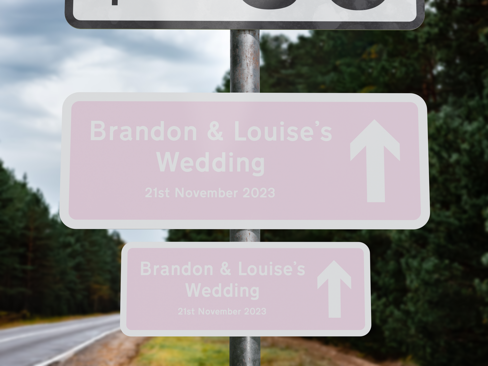 Personalised Rectangle Metal Wedding Sign – Direction Road Arrow Sign Pink