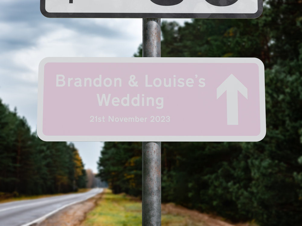 Personalised Rectangle Metal Wedding Sign – Direction Road Arrow Sign Pink