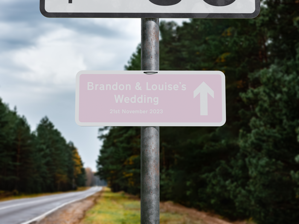 Personalised Rectangle Metal Wedding Sign – Direction Road Arrow Sign Pink