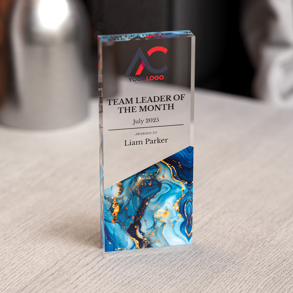 Custom Acrylic Award | Personalised Rectangle Trophy with Marble Base | Modern Staff & Team Trophies