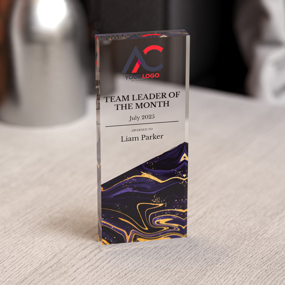 Custom Acrylic Award | Personalised Rectangle Trophy with Marble Base | Modern Staff & Team Trophies