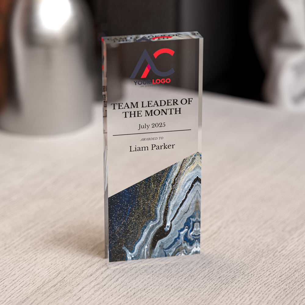 Custom Acrylic Award | Personalised Rectangle Trophy with Marble Base | Modern Staff & Team Trophies
