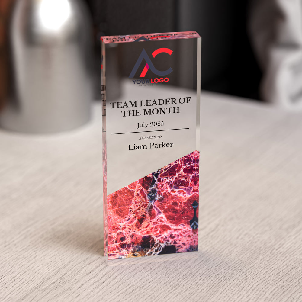 Custom Acrylic Award | Personalised Rectangle Trophy with Marble Base | Modern Staff & Team Trophies
