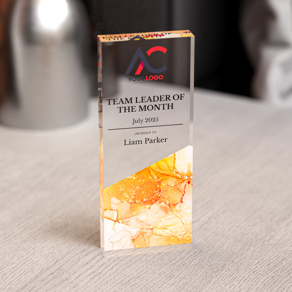 Custom Acrylic Award | Personalised Rectangle Trophy with Marble Base | Modern Staff & Team Trophies