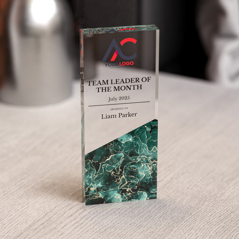 Custom Acrylic Award | Personalised Rectangle Trophy with Marble Base | Modern Staff & Team Trophies