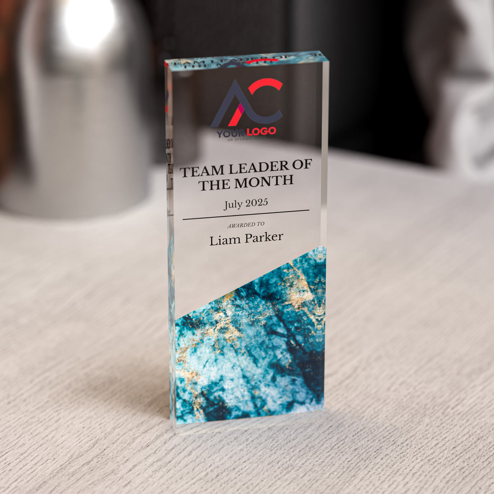 Custom Acrylic Award | Personalised Rectangle Trophy with Marble Base | Modern Staff & Team Trophies