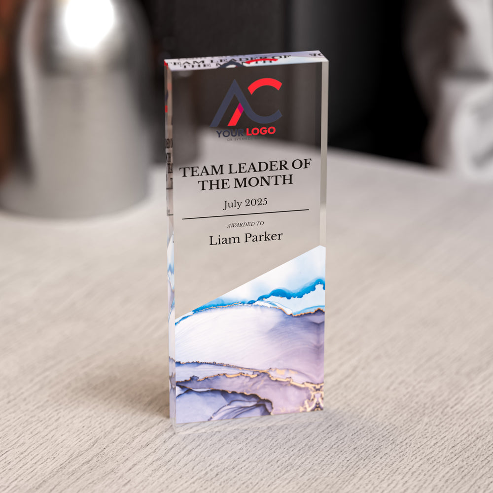 Custom Acrylic Award | Personalised Rectangle Trophy with Marble Base | Modern Staff & Team Trophies