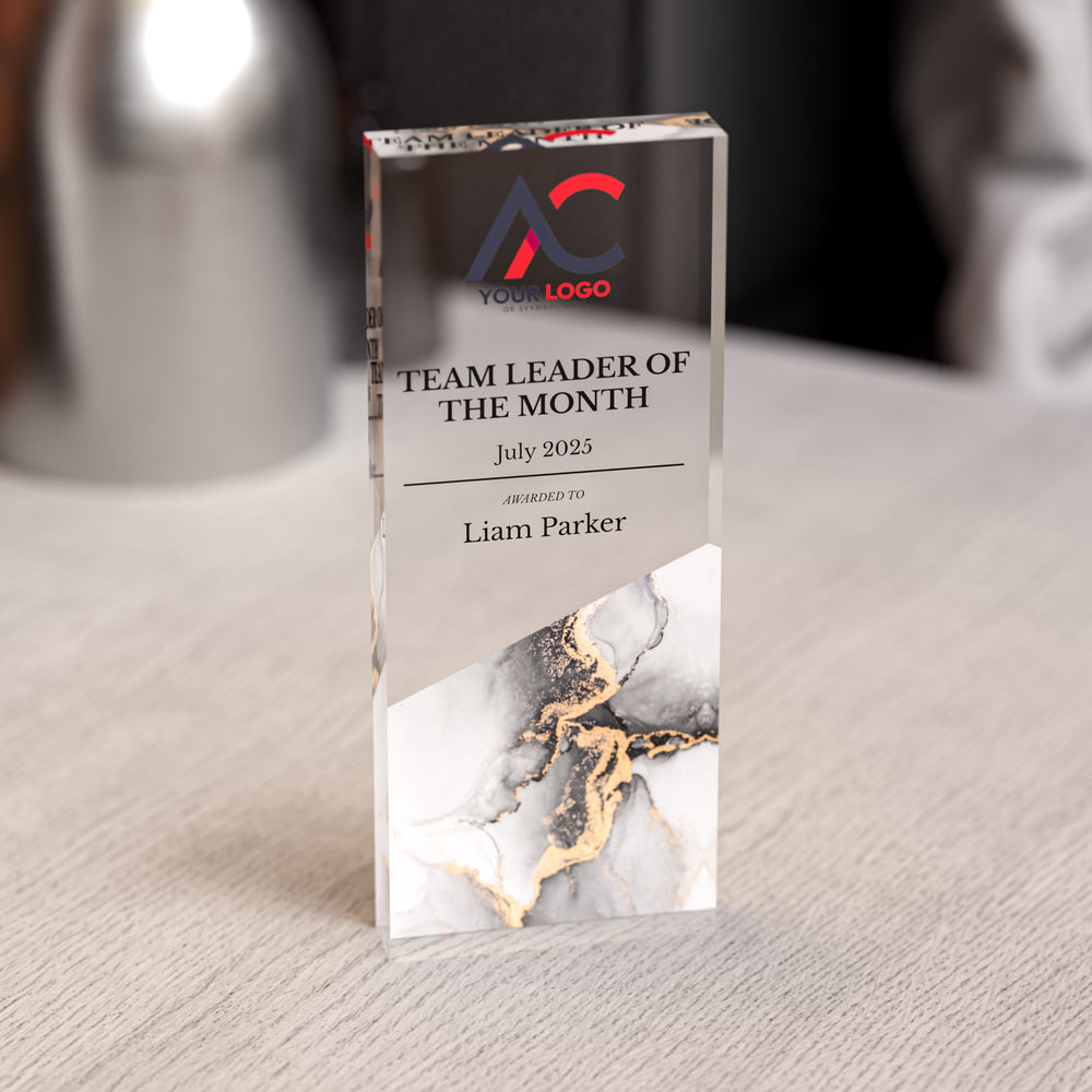 Custom Acrylic Award | Personalised Rectangle Trophy with Marble Base | Modern Staff & Team Trophies