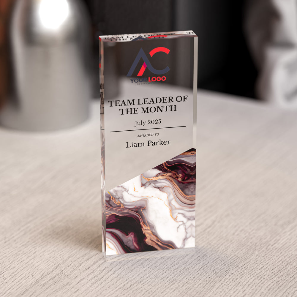 Custom Acrylic Award | Personalised Rectangle Trophy with Marble Base | Modern Staff & Team Trophies