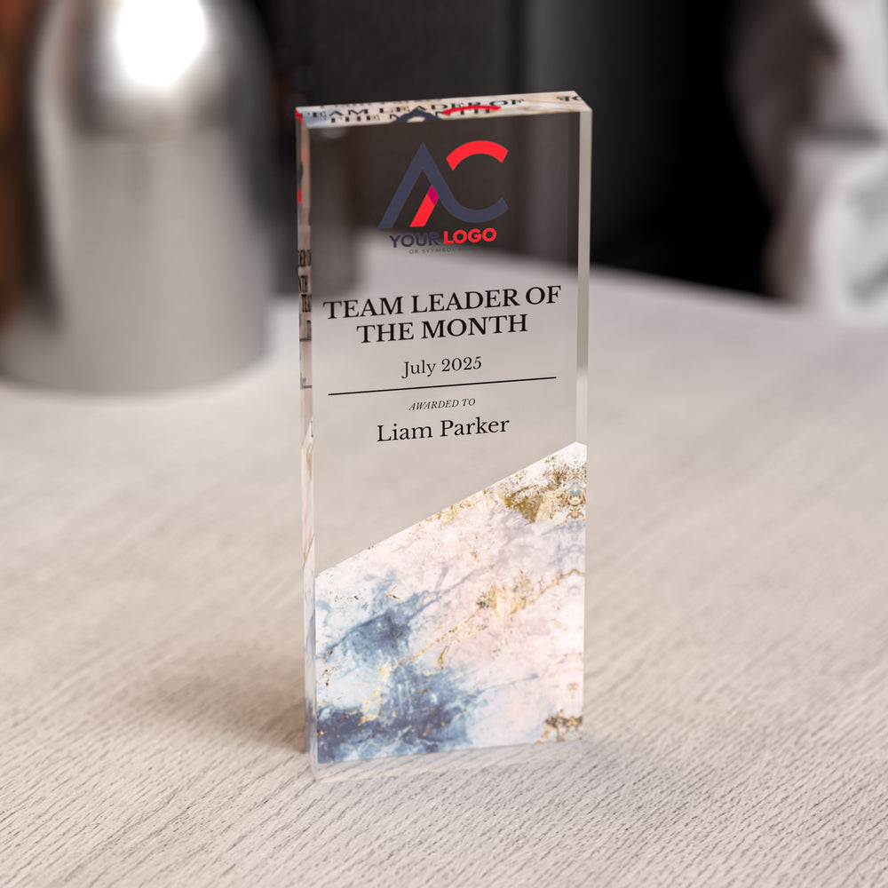 Custom Acrylic Award | Personalised Rectangle Trophy with Marble Base | Modern Staff & Team Trophies