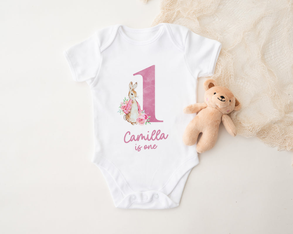 Personalised First Birthday Baby Vest – Custom Name Bodysuit – 1st Birthday Outfit with Rabbit Design