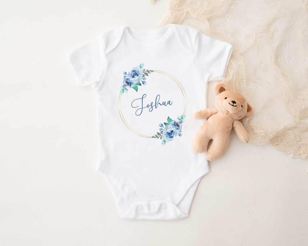 Personalised Baby Sleepsuit, Vest, or Bib – Custom Design with Floral Wreath