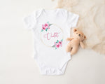 Personalised Baby Sleepsuit, Vest, or Bib – Custom Design with Floral Wreath