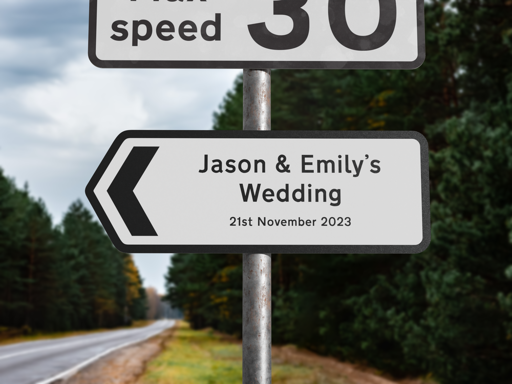 Personalised Metal Direction Wedding Sign - White