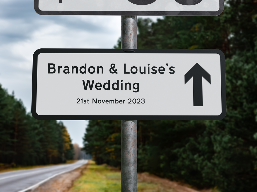 Personalised Rectangle Metal Wedding Sign – Direction Road Arrow Sign White