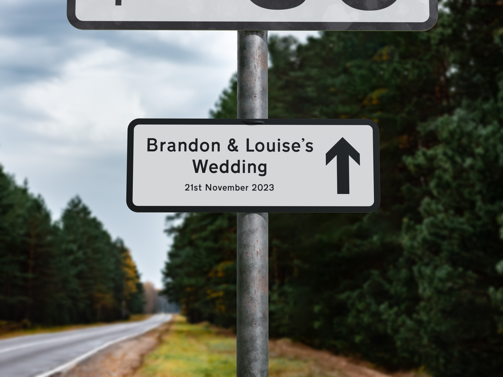 Personalised Rectangle Metal Wedding Sign – Direction Road Arrow Sign White