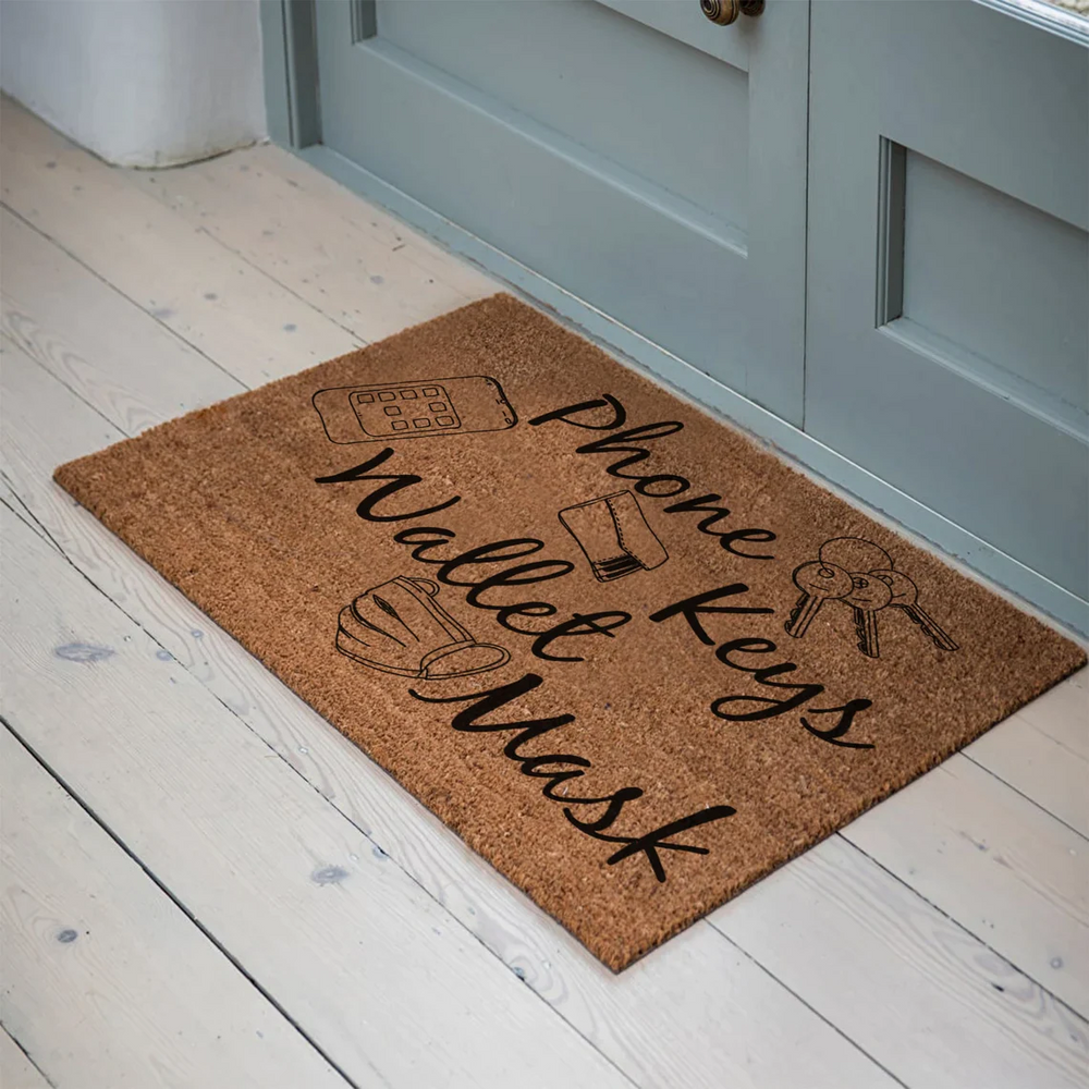 Essentials Reminder Personalised Coir Doormat - 'Phone, Wallet, Keys, Mask' Checklist