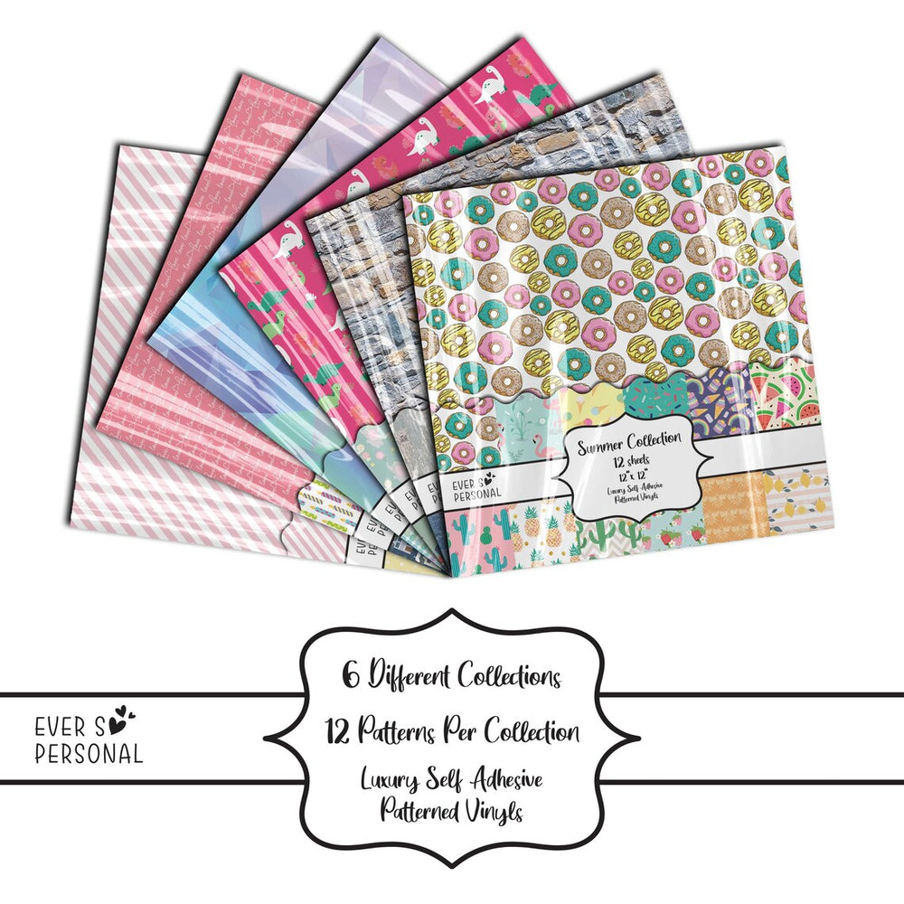 Self Adhesive Patterned Vinyl Sheets 12" x 12" 12 Sheets per pack, Assorted Patterns for Craft Cutters works with Cricut, Cameo Cutter etc.