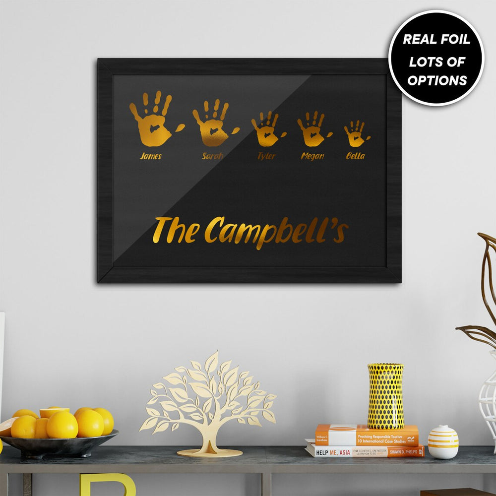 Custom Foil Metallic Family Hand Print, Personalised Foiled Family Hand Prints Gold, Silver or Red Foil Art, Foiled Hand Digital Print Gift