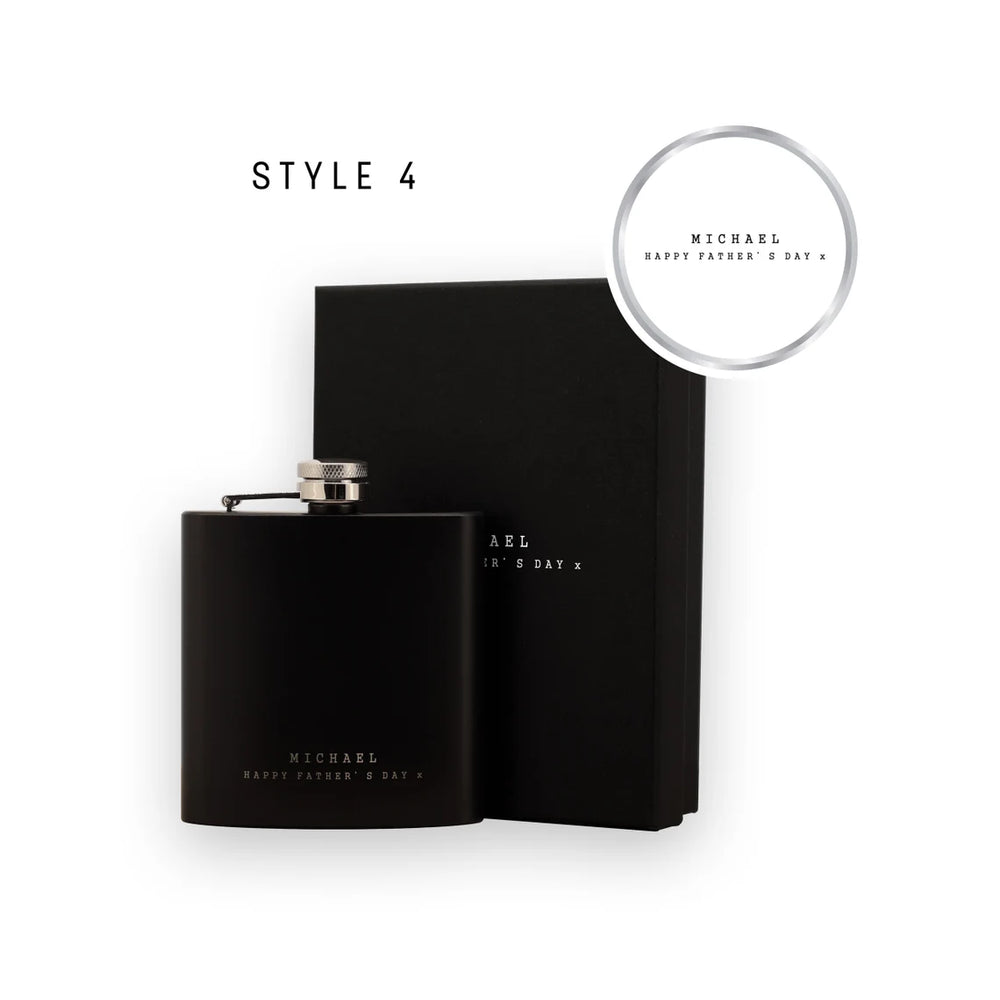 Personalised Black Metal Hip Flask for Father's Day | Custom Engraved Gift for Dad | 4 Unique Designs Available