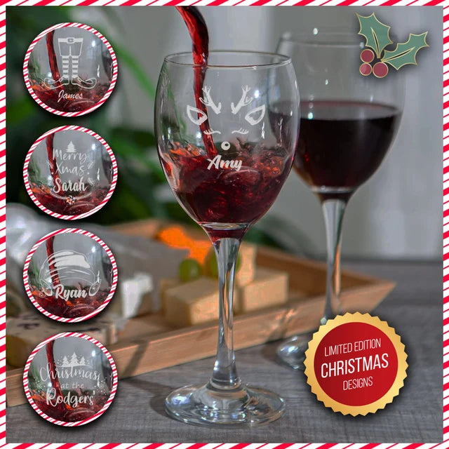 Personalised Festive Wine Glass, Custom Text Laser-Etched Glassware, Elegant Engraved Drinking Vino Glass 🍷🎄