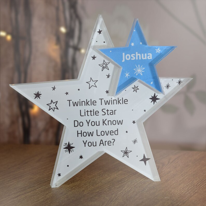 Personalised Newborn Baby Boy or Girl, Gift Present, Great for Christening a Keepsake Star Shaped Ornament a Bespoke New Baby Gift