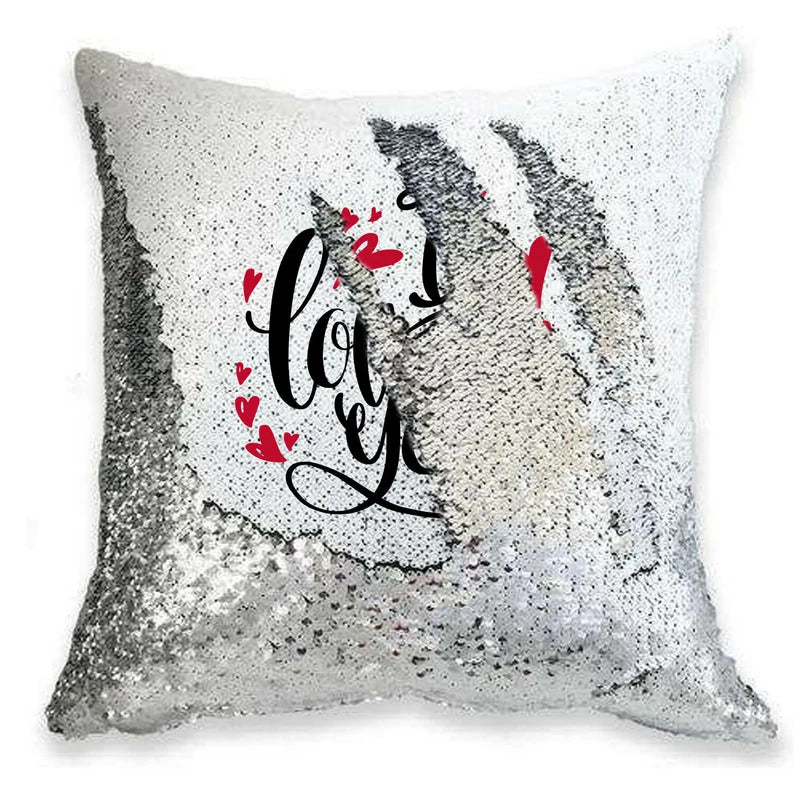 Magic Sequin Cushion Cover a PERSONALISED, Valentines Heart, I Love You Pillow Case
