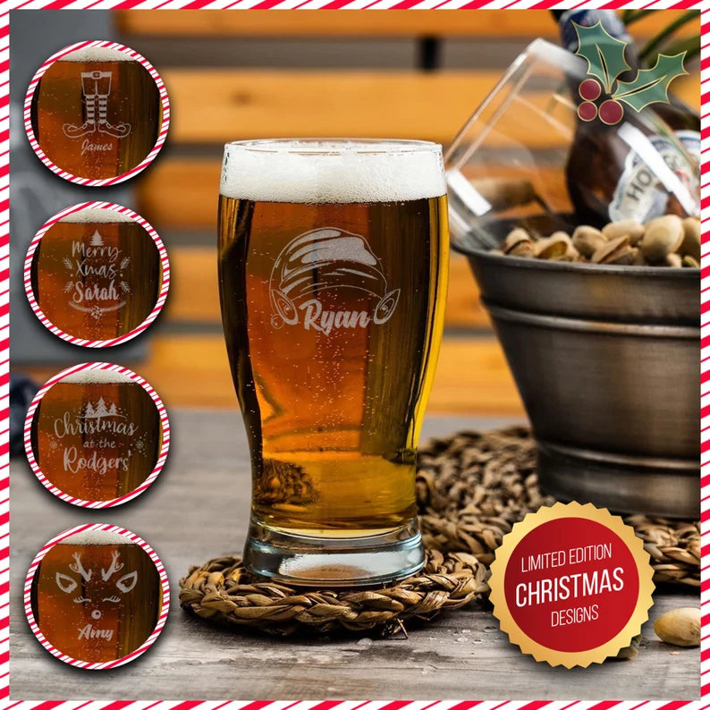Personalsied Festive Pint Glass, Custom Text Engraved Glassware, Etched Drinking Beer Glass 🍺🎄