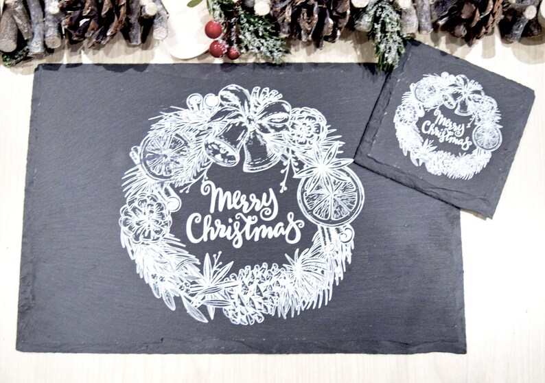 Personalised Festive Slate Placemats & Coasters, Customised Rustic Slate Christmas Table set 🎄✨🍽️